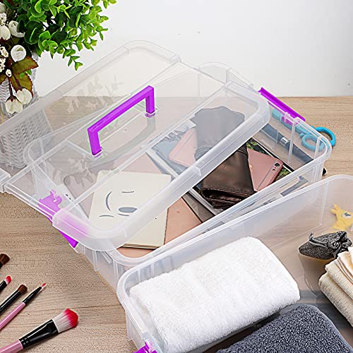BTSKY 2 Layer Stack & Carry Box, Plastic Multipurpose Portable Storage Container Box Handled Organizer Storage Box for Organizing Stationery, Sewing, Art Craft, Jewelry and Beauty Supplies(Purple) - Image 2