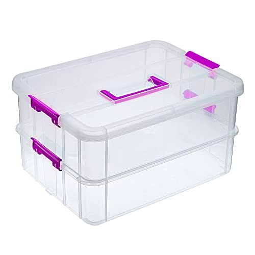 BTSKY 2 Layer Stack & Carry Box, Plastic Multipurpose Portable Storage Container Box Handled Organizer Storage Box for Organizing Stationery, Sewing, Art Craft, Jewelry and Beauty Supplies(Purple) - Image 1