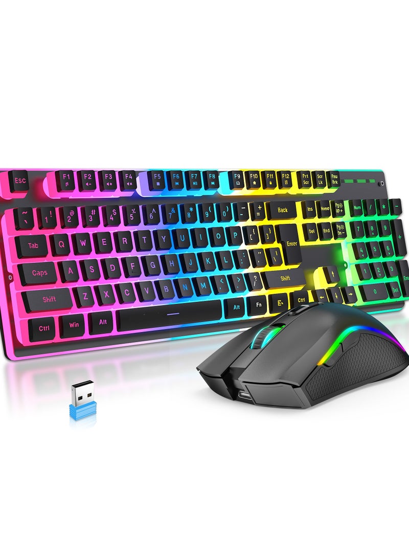 Wireless Mouse And Keyboard Set RGB Water Backlight Rechargeable Keyboard ABS Pudding Key Cap Automatic Hibernation Power Saving Mode 2.4G Wireless Transmission Technology(Black)  - Image 1