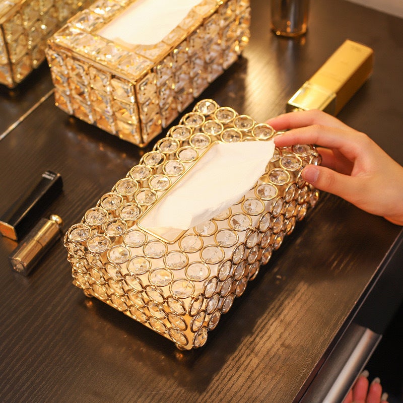 Factory direct supply European crystal tissue box living room home creative light luxury tissue box dining table paper box [gold] octagonal beads tissue box 20*13*7cm