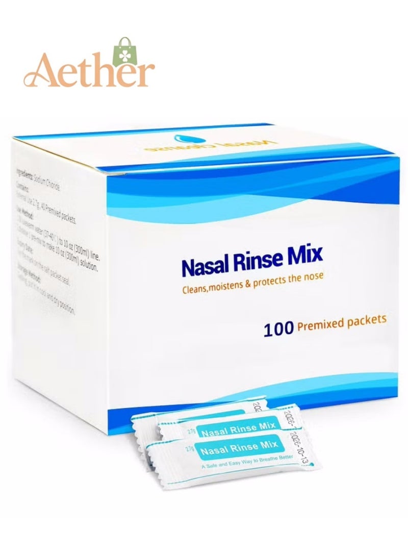 AETHER Neti Pot Saline Packets,100 Premixed Packets Sinus Rinse - Soothing Saline Nasal Rinse for Sinus Pressure, Cold and Flu Control, Natural Relief or Nasal Cleaning - Image 1