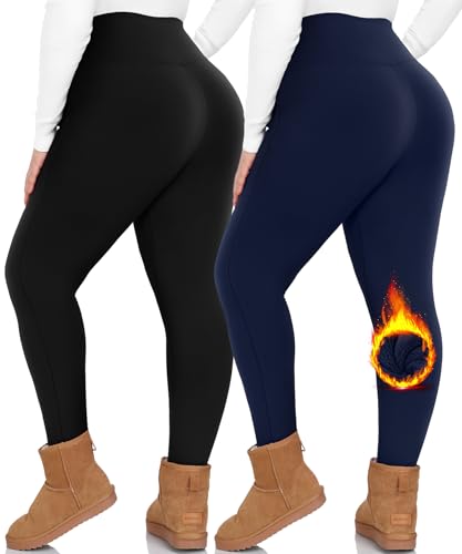 NEW YOUNG 2 Pack Plus Size Fleece Lined Leggings Women-1X-4X High Waist Winter Tummy Control Thermal Warm Yoga Pants Workout Black,Navy Blue - Image 1