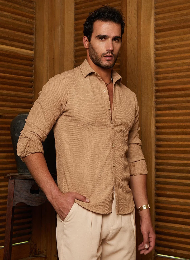 Campus Sutra Men's Sand Beige Weave-Tactile Shirt