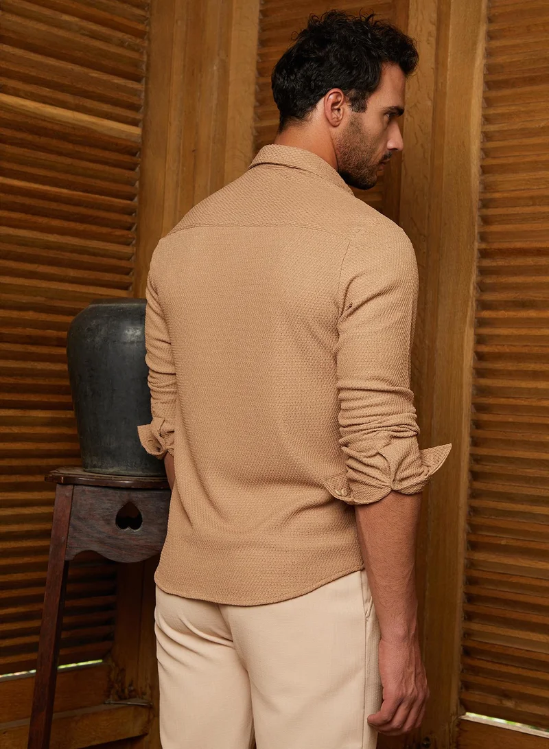 Campus Sutra Men's Sand Beige Weave-Tactile Shirt