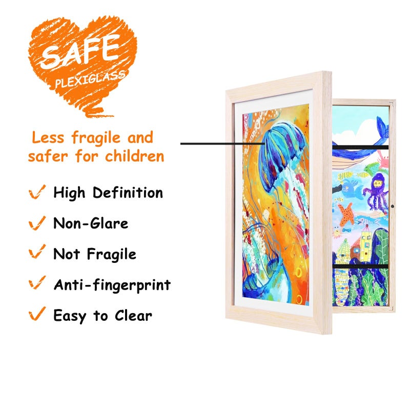 KINLINK 10x12.5 Kids Art Frame Set of 2, Solid Wood Kids Artwork Frames Changeable with Front Opening Hold 150 Pictures, Art Frames for Kids Art with Matï¼Œwithout Mat 10x12.5 Picture Frame Natural - Image 3