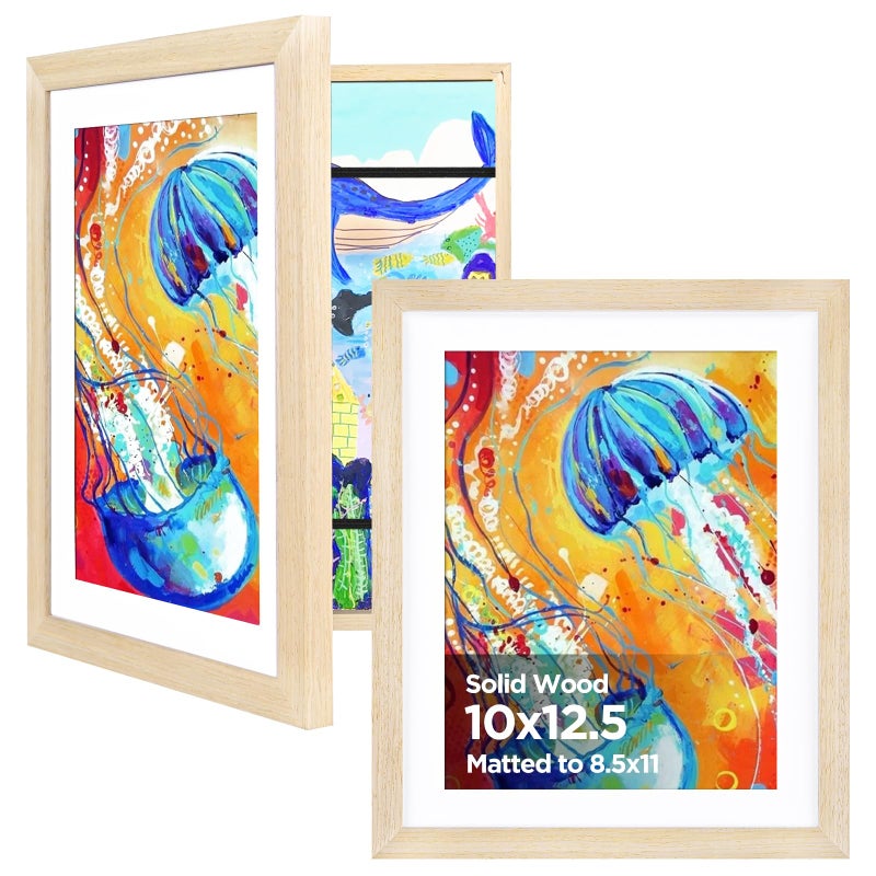 KINLINK 10x12.5 Kids Art Frame Set of 2, Solid Wood Kids Artwork Frames Changeable with Front Opening Hold 150 Pictures, Art Frames for Kids Art with Matï¼Œwithout Mat 10x12.5 Picture Frame Natural - Image 1