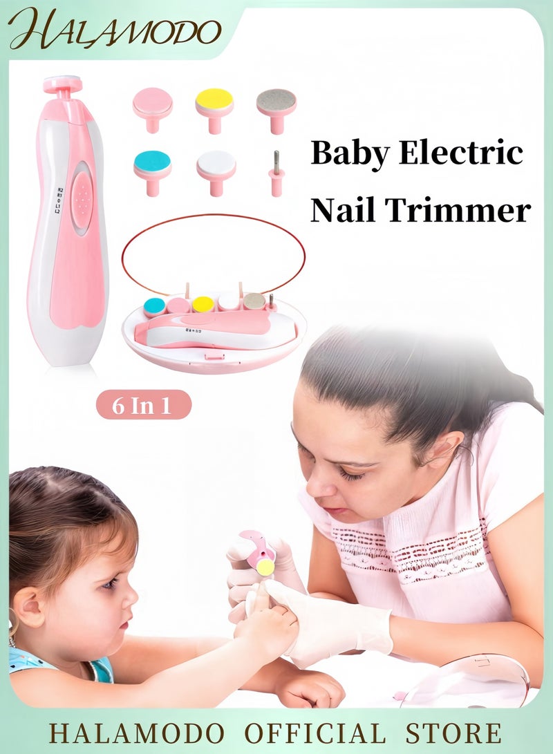 هالامودو مجموعة قص أظافر كهربائية 6 في 1 للأطفال، مجموعة قص أظافر آمنة للأطفال حديثي الولادة، منخفضة الضوضاء، مزودة بضوء و6 رؤوس طحن قابلة للاستبدال، للعناية باليد، تلميع وتقليم أصابع القدم والأظافر للأطفال الرضع والأطفال الصغار - Image 1