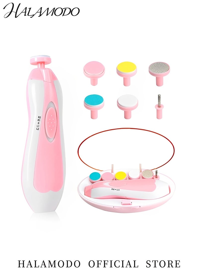 هالامودو مجموعة قص أظافر كهربائية 6 في 1 للأطفال، مجموعة قص أظافر آمنة للأطفال حديثي الولادة، منخفضة الضوضاء، مزودة بضوء و6 رؤوس طحن قابلة للاستبدال، للعناية باليد، تلميع وتقليم أصابع القدم والأظافر للأطفال الرضع والأطفال الصغار - Image 2