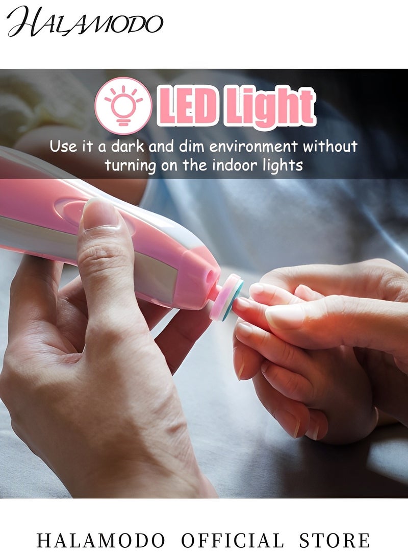 هالامودو مجموعة قص أظافر كهربائية 6 في 1 للأطفال، مجموعة قص أظافر آمنة للأطفال حديثي الولادة، منخفضة الضوضاء، مزودة بضوء و6 رؤوس طحن قابلة للاستبدال، للعناية باليد، تلميع وتقليم أصابع القدم والأظافر للأطفال الرضع والأطفال الصغار - Image 5