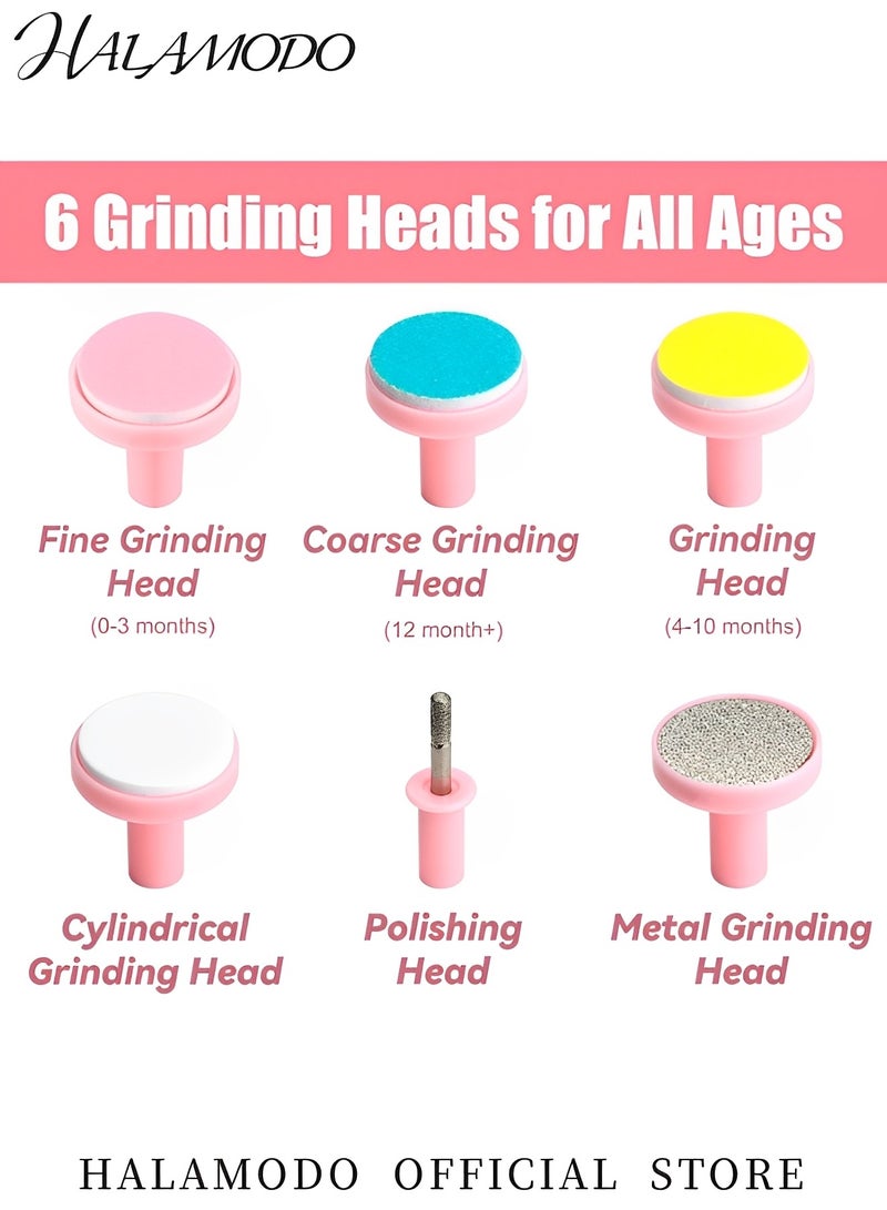 هالامودو مجموعة قص أظافر كهربائية 6 في 1 للأطفال، مجموعة قص أظافر آمنة للأطفال حديثي الولادة، منخفضة الضوضاء، مزودة بضوء و6 رؤوس طحن قابلة للاستبدال، للعناية باليد، تلميع وتقليم أصابع القدم والأظافر للأطفال الرضع والأطفال الصغار - Image 4