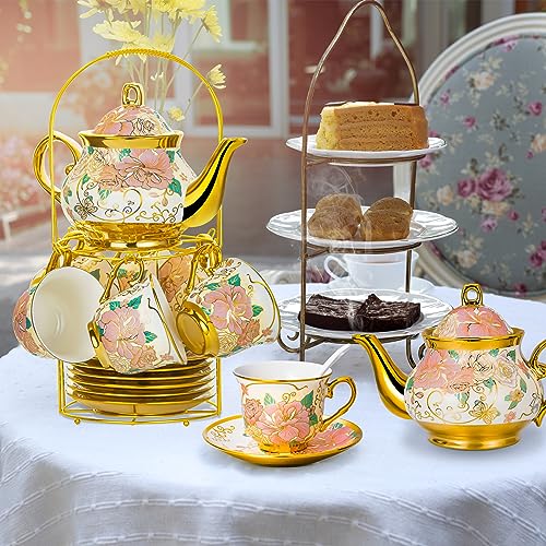 TATSUMI 20 Pieces European Ceramic Tea Set for Adults With Metal Holder and Flower Painting (Large Cream Version) - Image 5