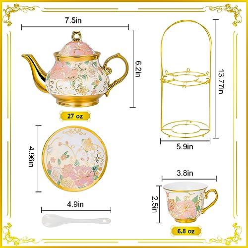 TATSUMI 20 Pieces European Ceramic Tea Set for Adults With Metal Holder and Flower Painting (Large Cream Version) - Image 3