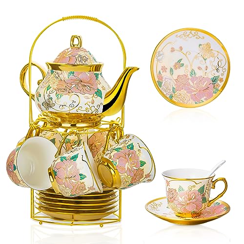 TATSUMI 20 Pieces European Ceramic Tea Set for Adults With Metal Holder and Flower Painting (Large Cream Version) - Image 1