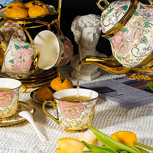 TATSUMI 20 Pieces European Ceramic Tea Set for Adults With Metal Holder and Flower Painting (Large Cream Version) - Image 2