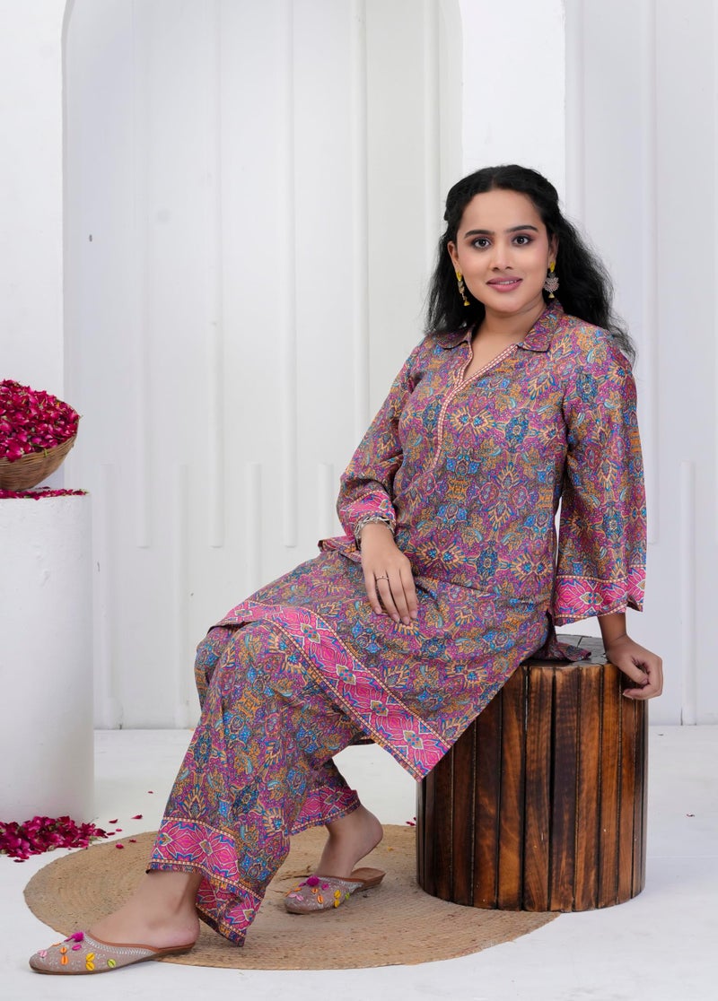 Yash Gallery Women's Wrinkle Free Microfiber Fabric Printed Kurta Pant Co-ord Set | Soft & Lightweight Fabric | Collerd V-Neck Straight Kurta| Comfortable Ethnic Coord Set (Pink) - Image 4