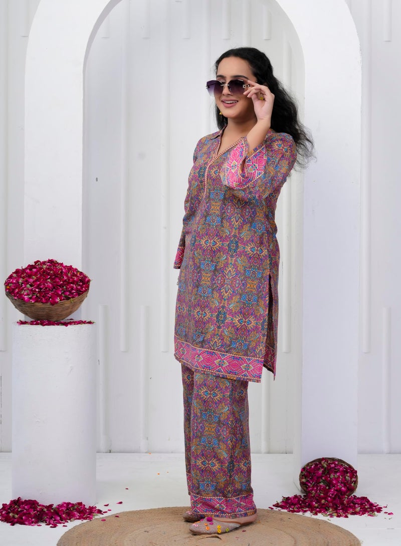 Yash Gallery Women's Wrinkle Free Microfiber Fabric Printed Kurta Pant Co-ord Set | Soft & Lightweight Fabric | Collerd V-Neck Straight Kurta| Comfortable Ethnic Coord Set (Pink) - Image 2