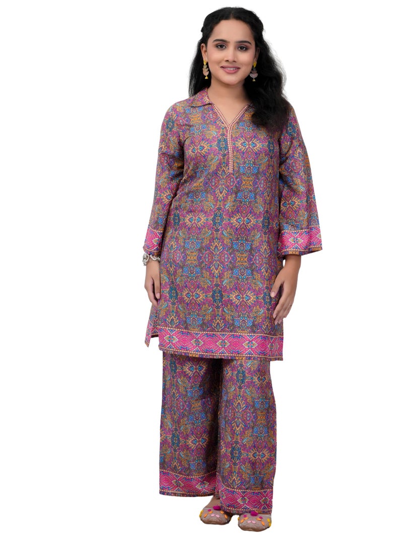 Yash Gallery Women's Wrinkle Free Microfiber Fabric Printed Kurta Pant Co-ord Set | Soft & Lightweight Fabric | Collerd V-Neck Straight Kurta| Comfortable Ethnic Coord Set (Pink) - Image 1