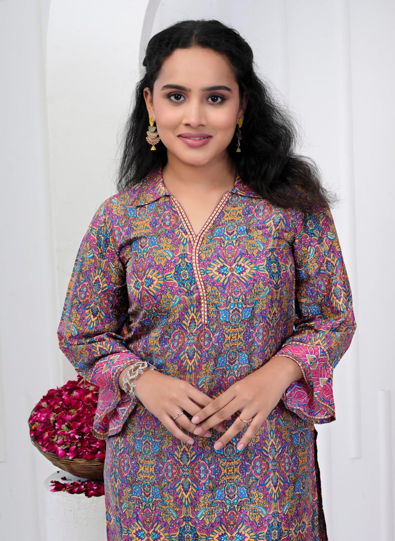 Yash Gallery Women's Wrinkle Free Microfiber Fabric Printed Kurta Pant Co-ord Set | Soft & Lightweight Fabric | Collerd V-Neck Straight Kurta| Comfortable Ethnic Coord Set (Pink) - Image 3