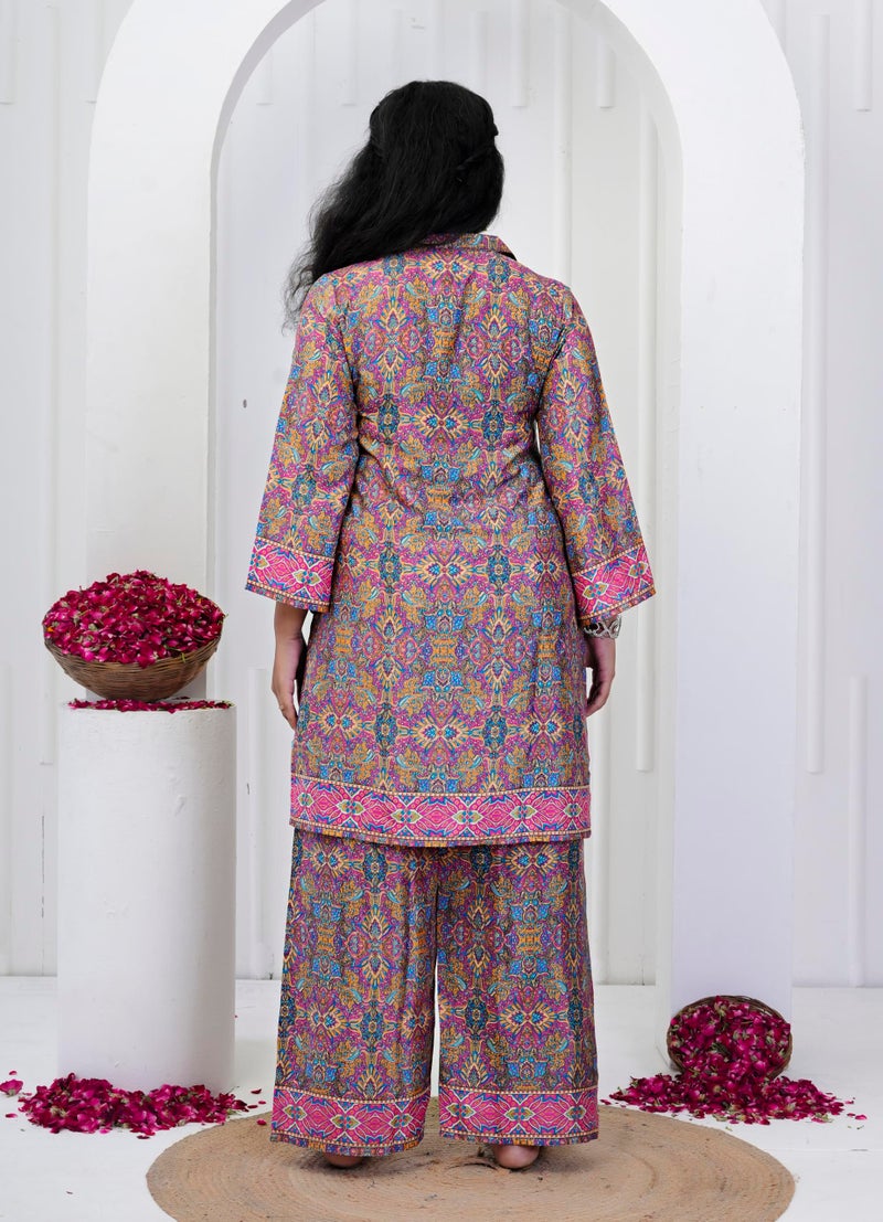 Yash Gallery Women's Wrinkle Free Microfiber Fabric Printed Kurta Pant Co-ord Set | Soft & Lightweight Fabric | Collerd V-Neck Straight Kurta| Comfortable Ethnic Coord Set (Pink) - Image 5