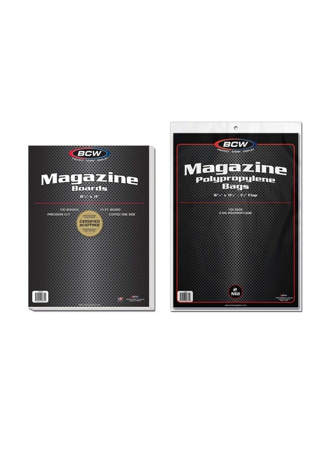 BCW - BCW Magazine Bags and Backing Boards Combo - 100 ct | Acid-Free Polypropylene Bags for Current Magazines | 24pt Solid Bleached Sulfate Boards | Archival-Quality Protection for Collectible Magazines - Image 1