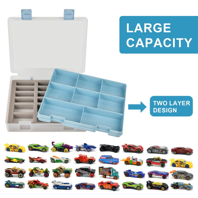 ALCYON Double-Layer Toy Car Storage Case Compatible With Hot Wheels Cars  Portable Transparent Display Box With 18-Slot & 8 Compartments For 1/64 Scale Toy Cars (Container Only) - Blue - Image 2