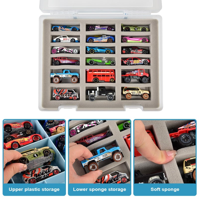 ALCYON Double-Layer Toy Car Storage Case Compatible With Hot Wheels Cars  Portable Transparent Display Box With 18-Slot & 8 Compartments For 1/64 Scale Toy Cars (Container Only) - Blue - Image 3