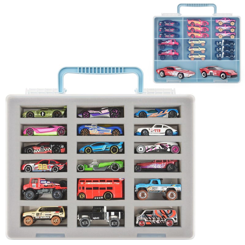 ALCYON Double-Layer Toy Car Storage Case Compatible With Hot Wheels Cars  Portable Transparent Display Box With 18-Slot & 8 Compartments For 1/64 Scale Toy Cars (Container Only) - Blue - Image 1