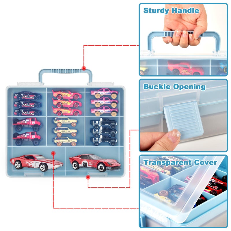 ALCYON Double-Layer Toy Car Storage Case Compatible With Hot Wheels Cars  Portable Transparent Display Box With 18-Slot & 8 Compartments For 1/64 Scale Toy Cars (Container Only) - Blue - Image 4