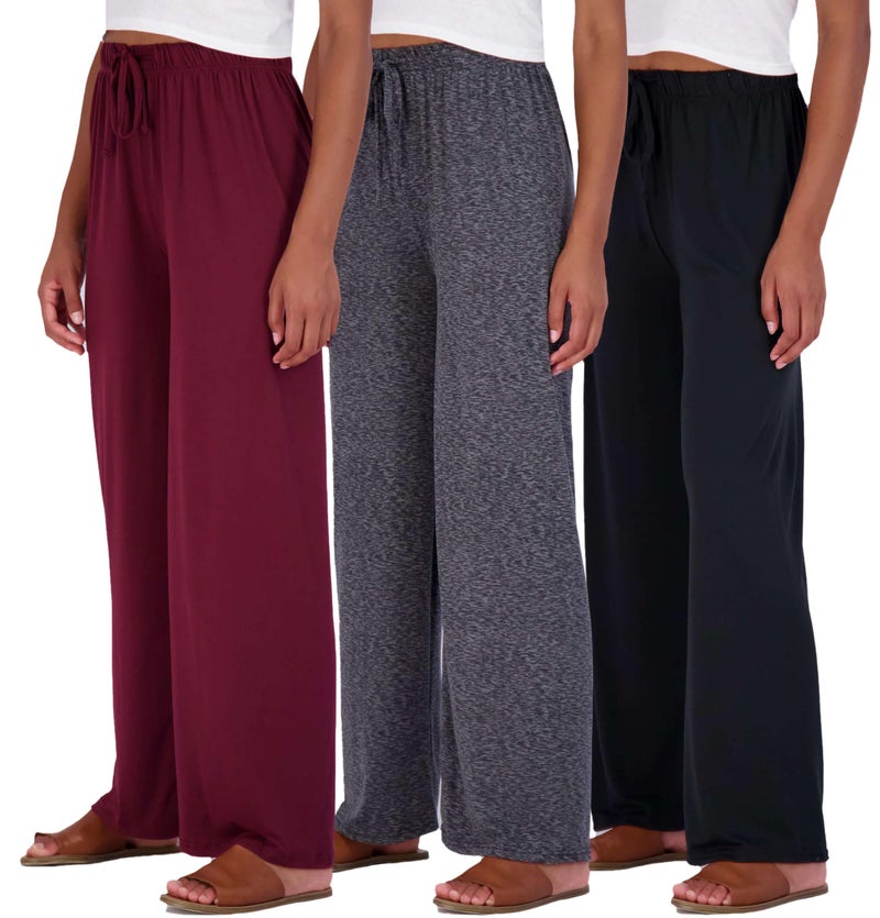 REALESSENTIALS Real Essentials 3 Pack Soft Palazzo Pajama Pants for Women, Wide Leg Comfortable Casual Lounge Yoga Bottoms (Plus Size), Set 2, Medium - Image 1