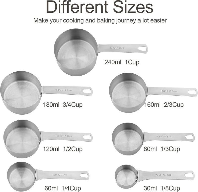 Smithcraft Measuring Cups Set of 7, 18/8 Stainless Steel Measuring Cups with 1/8, 1/4, 1/3, 1/2, 2/3, 3/4 & 1 Cup for Kitchen & Baking, Dry and Liquil Metal Metric Measure Cups Set - Image 3