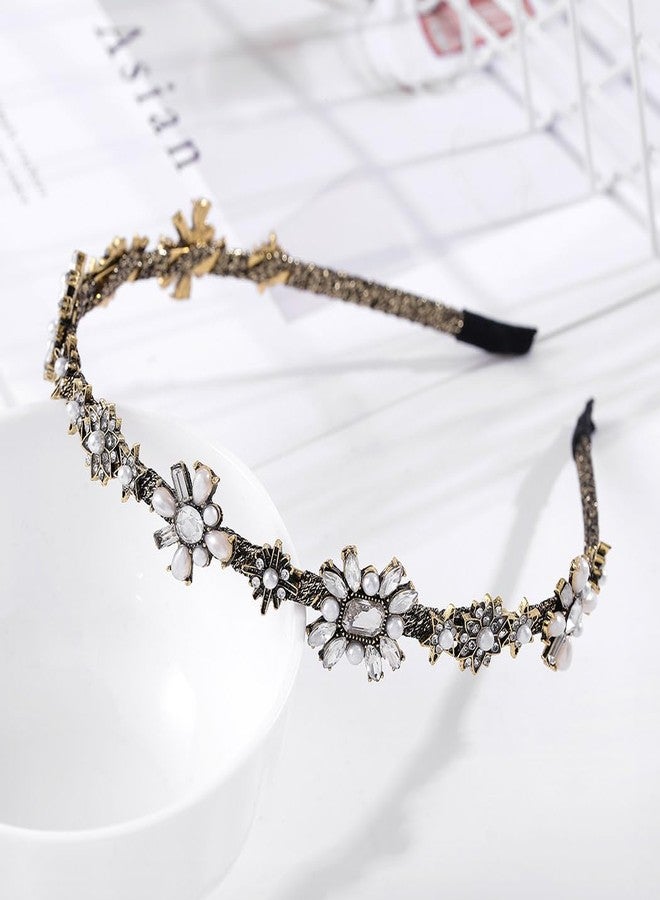 Urieo Vintage Crystal Diamonds Headbands Retro Pearl Flower Thin Hair Band Prom Hair Accessories for Women（Retro Gold） (A-Rhinestones) - Image 2