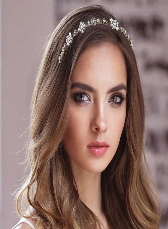 Urieo Vintage Crystal Diamonds Headbands Retro Pearl Flower Thin Hair Band Prom Hair Accessories for Women（Retro Gold） (A-Rhinestones) - Image 5