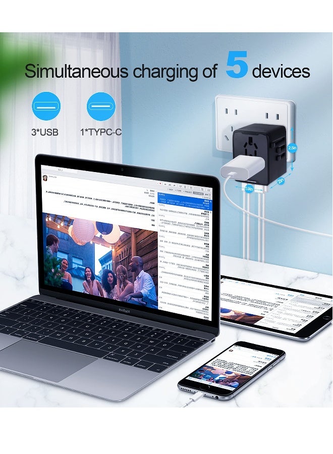 محول الطاقة العالمي للأجهزة مع مخرج نوع C سريع الشحن - شاحن حائط دولي شامل مع 4 منافذ USB للسفر إلى أوروبا والمملكة المتحدة والولايات المتحدة وأستراليا، أداة أساسية للسفر. - Image 2
