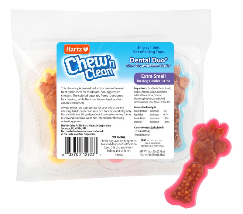 Hartz Chew 'n Clean Dental Duo Dog Treat & Chew Toy, Color Varies, Extra Small, 6 Count - Image 1