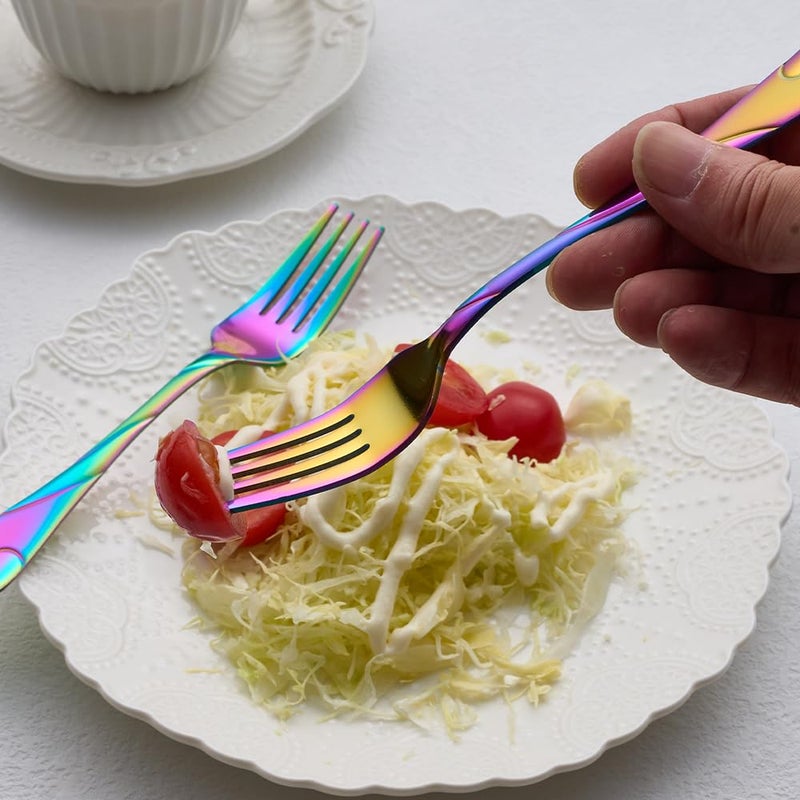 Seeshine Rainbow Salad Fork Set, 6.9-inch Stainless Steel Dessert Forks, 6-Piece Shiny Metal Small Cake Fork, Iridescent Silverware Set, Dishwasher Safe - Image 3