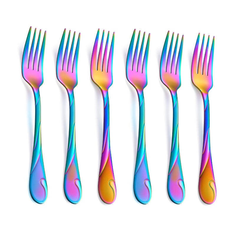 Seeshine Rainbow Salad Fork Set, 6.9-inch Stainless Steel Dessert Forks, 6-Piece Shiny Metal Small Cake Fork, Iridescent Silverware Set, Dishwasher Safe - Image 1