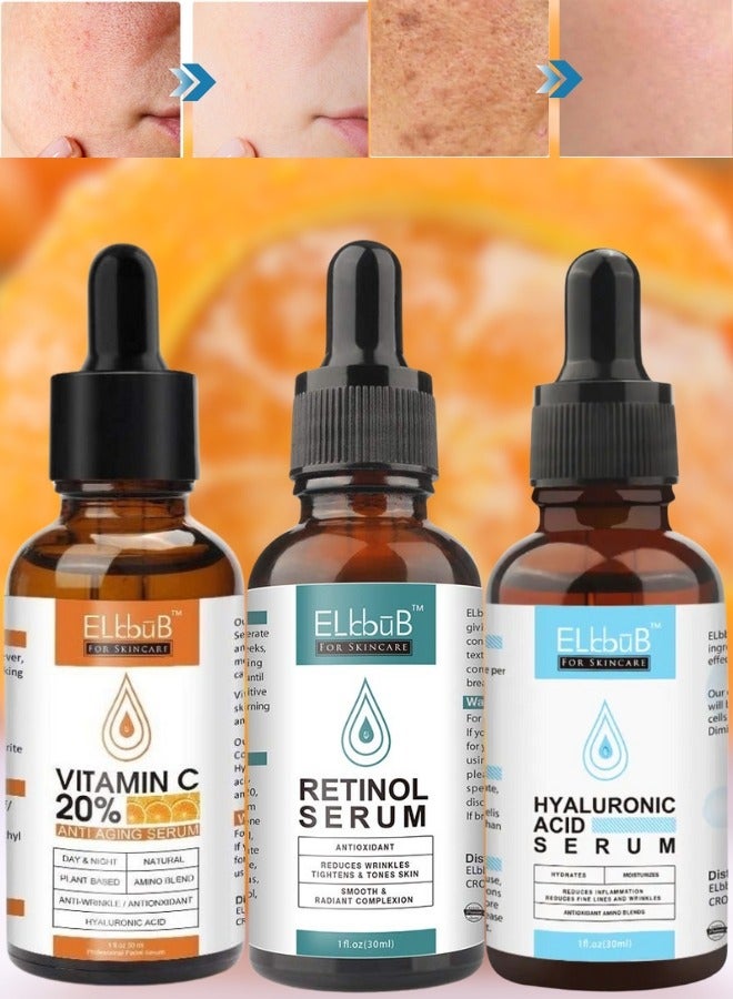 ELBBUB 3x30ml Vitamin C Serum Retinol Serum and Hyaluronic Acid Serum Boost Skin Collagen Age Defying Serum Hydrate and Plump Skin Anti Aging Wrinkle Facial Serum Antioxidant Moisturizing Day and Night Skincare Face Serum - Image 1