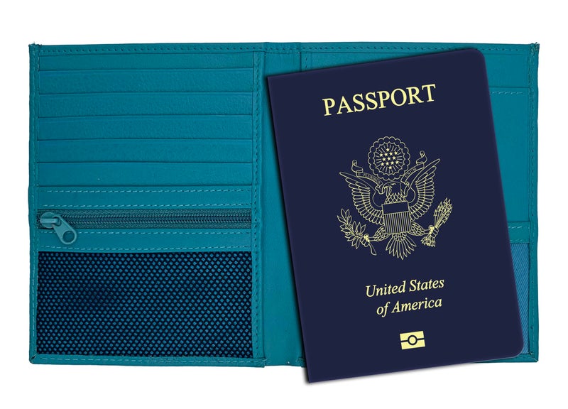 123 Cheap Checks Teal RFID Genuine Leather Passport Wallet - Image 2