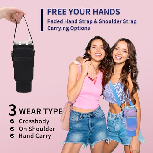 GOEWY Water Bottle Carrier Bag for Stanley 40 oz Tumbler with Phone Pocket Neoprene Water Bottle Holder with Shoulder & Handheld Strap Stanley Cup Accessories - Image 3