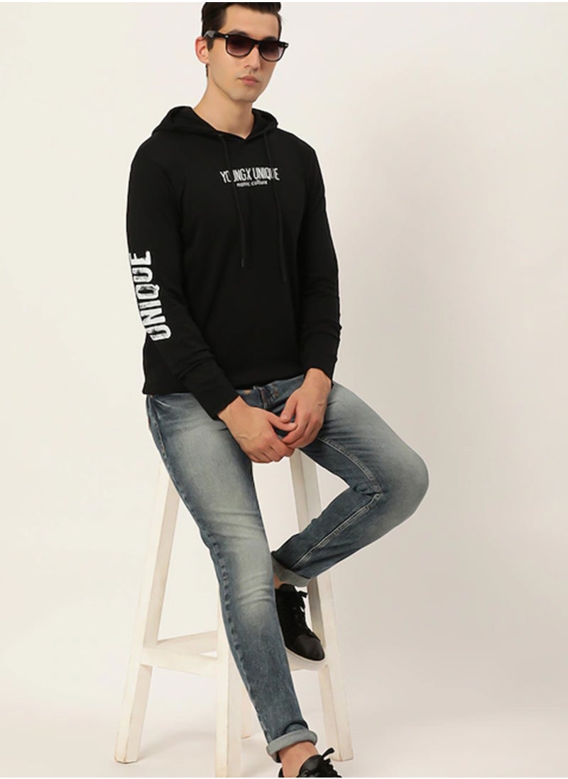 Maniac Maniac Mens Printed Hooded Neck Full Sleeve Cotton Black Slim Fit Tshirt  - Image 4