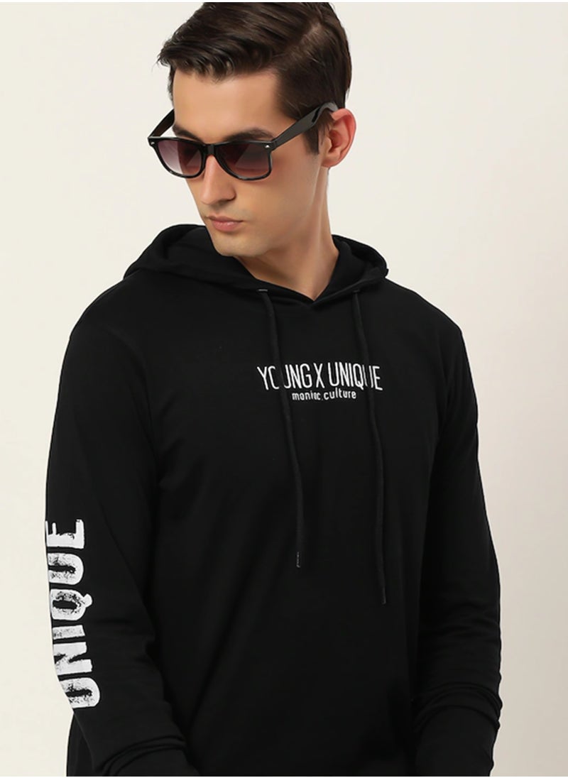 Maniac Maniac Mens Printed Hooded Neck Full Sleeve Cotton Black Slim Fit Tshirt  - Image 1