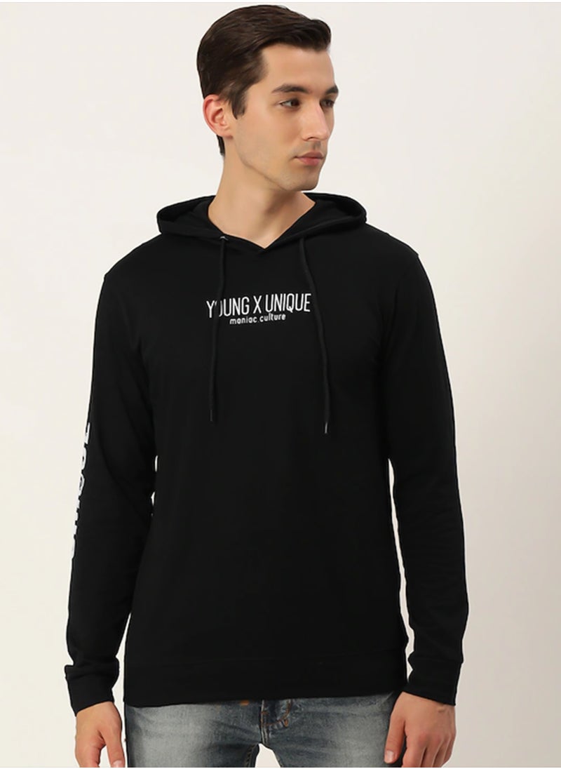 Maniac Maniac Mens Printed Hooded Neck Full Sleeve Cotton Black Slim Fit Tshirt  - Image 3