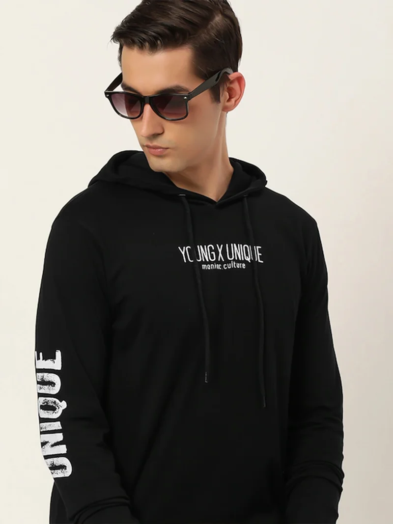 Maniac Maniac Mens Printed Hooded Neck Full Sleeve Cotton Black Slim Fit Tshirt