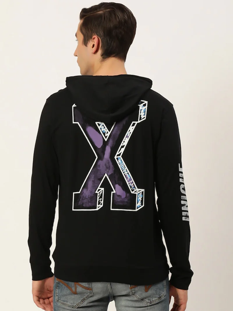 Maniac Maniac Mens Printed Hooded Neck Full Sleeve Cotton Black Slim Fit Tshirt