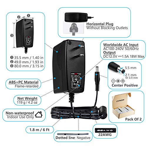 CHANZON 12V 1.5A UL Listed 18W AC DC Switching Power Supply Adapter (Input 100-240V, Output 12 Volt 1.5 Amp, 6Ft Cord, 18 Watt) Wall Wart Transformer Charger for DC12V Security CCTV Camera (2-Pack) - Image 2