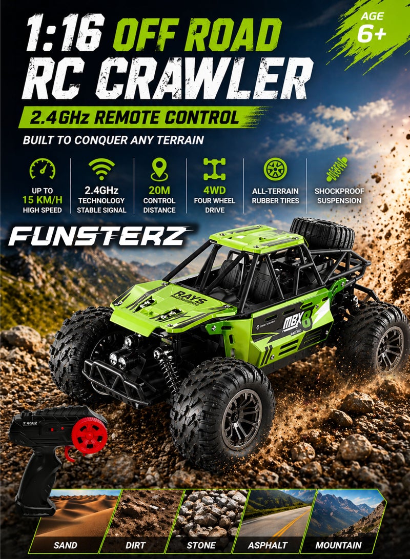 FUNSTERZ 1:16 Scale RC Off Road Crawler Car 2.4GHz Remote Control 4WD Rock Climbing Buggy High Speed 15km/h Rechargeable Battery USB Charging All Terrain Truck Toy Anti Slip Rubber Tires Shock Absorber Suspension Durable Body Outdoor Indoor Racing Car for Kids Boys Girls Age 6+ - Image 1