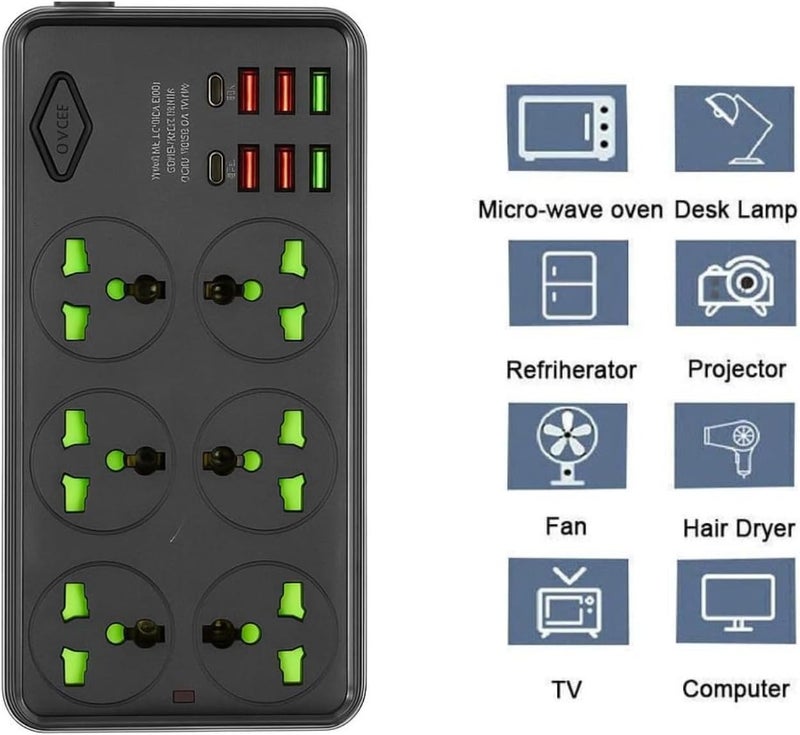 NOJTI لوح تمديد، شريط كهربائي بـ 6 منافذ USB و٣ منافذ عامة، كابل تمديد بقدرة 2500 واط وجهد 10 أمبير، شريط كهربائي مزود بحامي من الصدمات الكهربائية ثلاثي الأطراف للاستخدام المنزلي والمكتبي وأجهزة الكمبيوتر وشحن الهواتف المحمولة (لون أسود - Z69) - Image 5