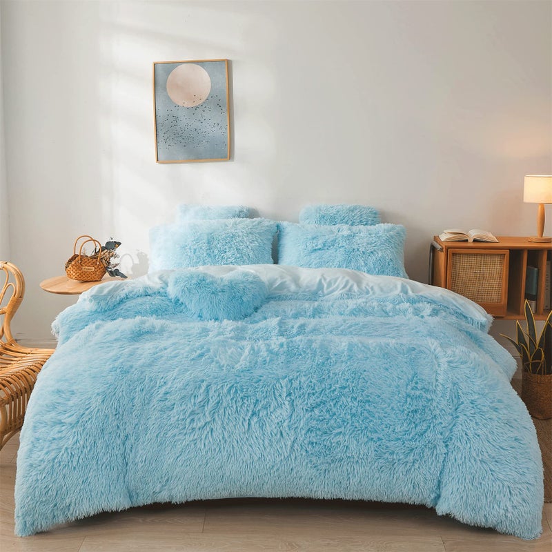 Textcite Plus Comforter Cover Set  Ultra Soft Faux Fur Blue Bedding Sets 3 Pieces 1 Duvet Cover  2 Pillow Cases Queen