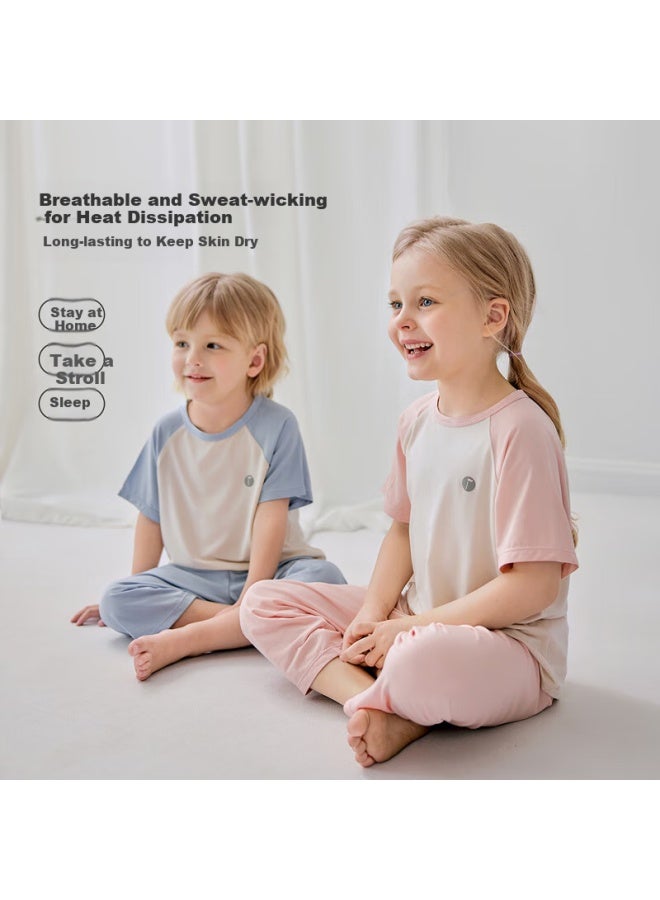 Junejunior Children'S Home Wear Set, Summer Thin Breathable, Kids Contrasting Color Versatile Short-Sleeve Long Pants, Home Pajama Set - Image 1