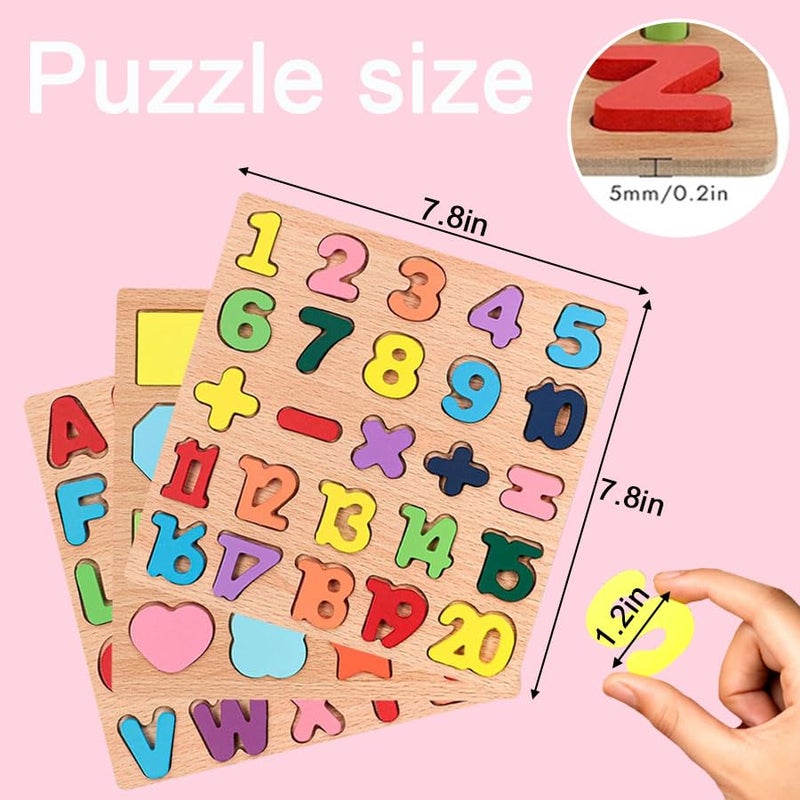 Winbar Wooden Puzzles for Toddlers 3pack Alphabet Shape Puzzles for Kids 3 Wooden Montessori Toddler Alphabet Number Shape for Kids 3 Years Old Boys Girls - Image 5